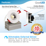3" Inch Gimbal 8W J-Box Canless Downlight - 5 CCT 2700K, 3000K, 3500K, 4000K, 5000K Selectable - 8 Watt 600 Lumens - Dimmable - White Trim