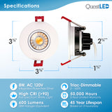 3" Inch Gimbal 8W J-Box Canless Downlight - 5 CCT 2700K, 3000K, 3500K, 4000K, 5000K Selectable - 8 Watt 600 Lumens - Dimmable - White Trim