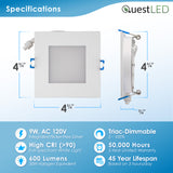 LED 4" INCH SQUARE WAFER CANLESS DOWNLIGHT CCT SWITCH 3000K, 4000K, 5000K