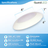 LED 4-Inch 10W Dimmable AC Disk Light (3O/4O J-Box Compatible) - 5 CCT: 2700K, 3000K, 3500K, 4000K, 5000K Selectable - 10 Watt 650 Lumens - Dimmable - 120V - ETL/ES/JA8 Certified