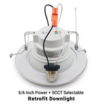6 INCH ROUND RETROFIT WHITE RECESSED LIGHT - 120-277V - E26 QUICK CONNECT - 3 WATTAGE SELECTABLE: 12W/15W/18W (900/1100/1300LM) - 5CCT: 2700K-5000K COLOR SELECTABLE - 0-10V DIMMABLE - CRI>90 - UL /ENERGY STAR/ JA8 CERTIFIED