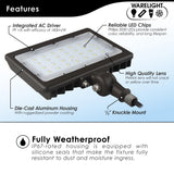 LED Small Flood Light Security Fixture - Wattage Selectable: 50W/35W - 6,750/4,725 Lumen Selectable - 3CCT Switch: 3000K, 4000K, 5000K - Photocell Included - Bronze Finish - Trunnion Mount