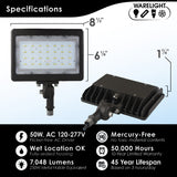 LED Small Flood Light Security Fixture - Wattage Selectable: 50W/35W - 6,750/4,725 Lumen Selectable - 3CCT Switch: 3000K, 4000K, 5000K - Photocell Included - Bronze Finish - Trunnion Mount