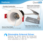 LED 2" Inch 15W Canless Downlight - 5CCT: 2700K/3000K/3500K/4000K/5000K Selectable - External Junction Box - Dimmable