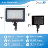 LED Mini Flood Light Security Fixture - 15W 1,947 Lumens - TRI Color 3CCT Switch: 3000K, 4000K, 5000K - Bronze Finish