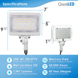 LED Mini Flood Light Security Fixture - 15W 1,947 Lumens - TRI Color 3CCT Switch: 3000K, 4000K, 5000K - White Finish