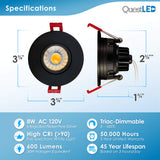 3" Inch Gimbal 8W J-Box Canless Downlight - 5 CCT 2700K, 3000K, 3500K, 4000K, 5000K Selectable - 8 Watt 600 Lumens - Dimmable - Black Trim