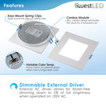 LED 6" Inch Square Wafer Downlight - 14W 1050 Lumens - 3 & 5 CCT: 2700K, 3000K, 3500K, 4000K, 5000K -