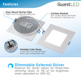 LED 6" Inch Square Wafer Downlight - 14W 1050 Lumens - 3 & 5 CCT: 2700K, 3000K, 3500K, 4000K, 5000K -
