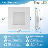 LED 6" Inch Square Wafer Downlight - 14W 1050 Lumens - 3 & 5 CCT: 2700K, 3000K, 3500K, 4000K, 5000K -