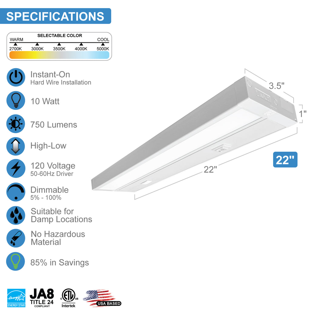LED Undercabinet Linear Fixture - 5 CCT: 2700K, 3000K, 3500K, 4000K, 5 ...