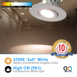 4" Inch LED Gimbal Adjustable Rotating Downlight - 10W= (75w Equivalent) 650 Lumens - Wet Location Rated - 5 CCT Selectable 27K, 30K, 35K, 40K, 50K - Dimmable - White Trim