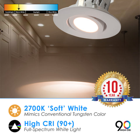 4" Inch LED Gimbal Adjustable Rotating Downlight - 10W= (75w Equivalent) 650 Lumens - Wet Location Rated - 5 CCT Selectable 27K, 30K, 35K, 40K, 50K - Dimmable - White Trim