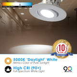 4" Inch LED Gimbal Adjustable Rotating Downlight - 10W= (75w Equivalent) 650 Lumens - Wet Location Rated - 5 CCT Selectable 27K, 30K, 35K, 40K, 50K - Dimmable - White Trim