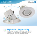 4" Inch LED Gimbal Adjustable Rotating Downlight - 10W= (75w Equivalent) 650 Lumens - Wet Location Rated - 5 CCT Selectable 27K, 30K, 35K, 40K, 50K - Dimmable - White Trim