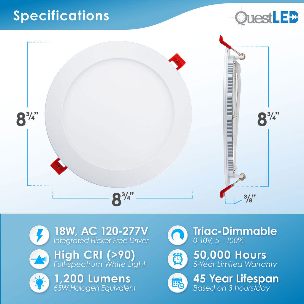 LED 8 Inch Slim Panel Canless Recessed Downlight 18 Watt 1 300 Lumen Quest LED