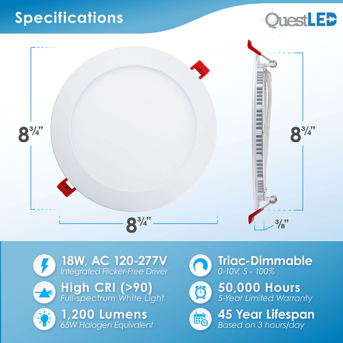 LED 8 Inch Slim Panel Canless Recessed Downlight - 18 Watt 1,300 Lumen ...
