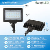 LED Mini Flood Light Security Fixture - 30W 3,819 Lumens - TRI Color 3CCT Switch: 3000K, 4000K, 5000K - Bronze Finish