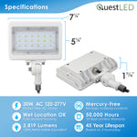 LED Mini Flood Light Security Fixture - 30W 3,819 Lumens - TRI Color 3CCT Switch: 3000K, 4000K, 5000K - White Finish