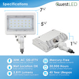 LED Mini Flood Light Security Fixture - 30W 3,819 Lumens - TRI Color 3CCT Switch: 3000K, 4000K, 5000K - White Finish