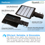 Quest LED Area Light - 3 Wattage: 300W/280W/260W 43,500/40,600/37,700 Lumens Selectable - 3CCT: 3000K/4000K/5000K - 0-10V Dimmable - Type III Optics - Bronze Finish - 120-277V - Multiple Brackets Available