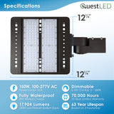 Quest LED Area Light - 3 Wattage: 150W/135W/120W 21,750/19,575/17,400 Lumens Selectable - 3CCT: 3000K/4000K/5000K - 0-10V Dimmable - Type III Optics - Bronze Finish - 120-277V - Multiple Brackets Available