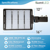 Quest LED Area Light - 3 Wattage: 240W/210W/180W 34,800/30,450/26,100 Lumens Selectable - 3CCT: 3000K/4000K/5000K - 0-10V Dimmable - Type III Optics - Bronze Finish - 120-277V - Multiple Brackets Available