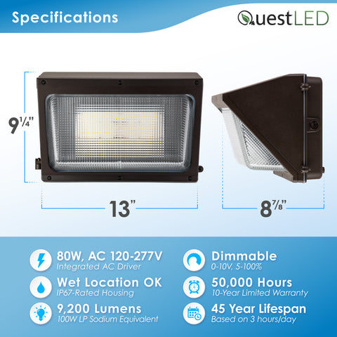 LED Wall Pack - 5 Wattage: 20/40/60/80/100W, 2,800/5,600/8,400/11,200/14,000 Lumens Selectable - 3CCT: 3000K/4000K/5000K Selectable - Photocell Included - 0-10V Dimmable - 120-277V