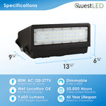 LED Wall Pack Full Cut Off - 5 Wattages: 80/64/48/32/16W 11,600/9,280/6,960/4,640/2,320 Lumens Selectable - 3CCT: 3000K/4000K/5000K Selectable - 120-277V - 0-10V Dimmable - UL/ DLC Premium - Photocell Included